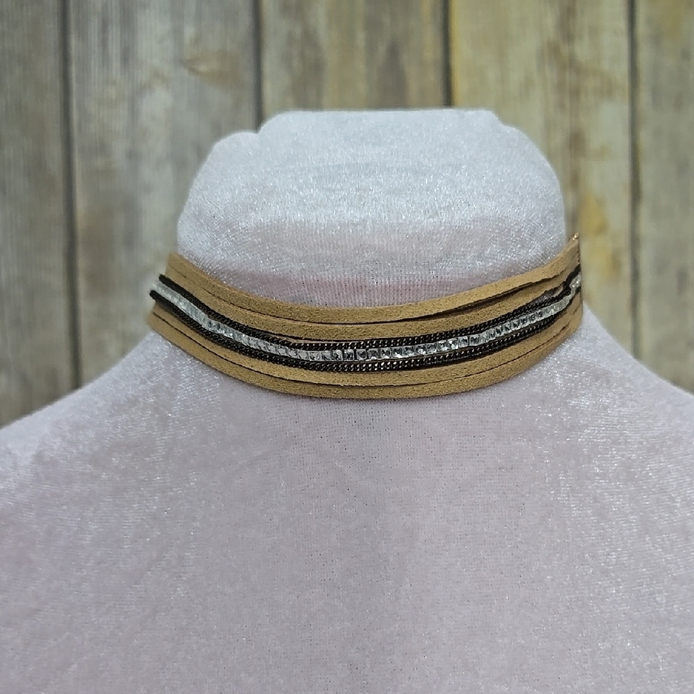 Tan and Rhinestone Choker Necklace - Faux Suede